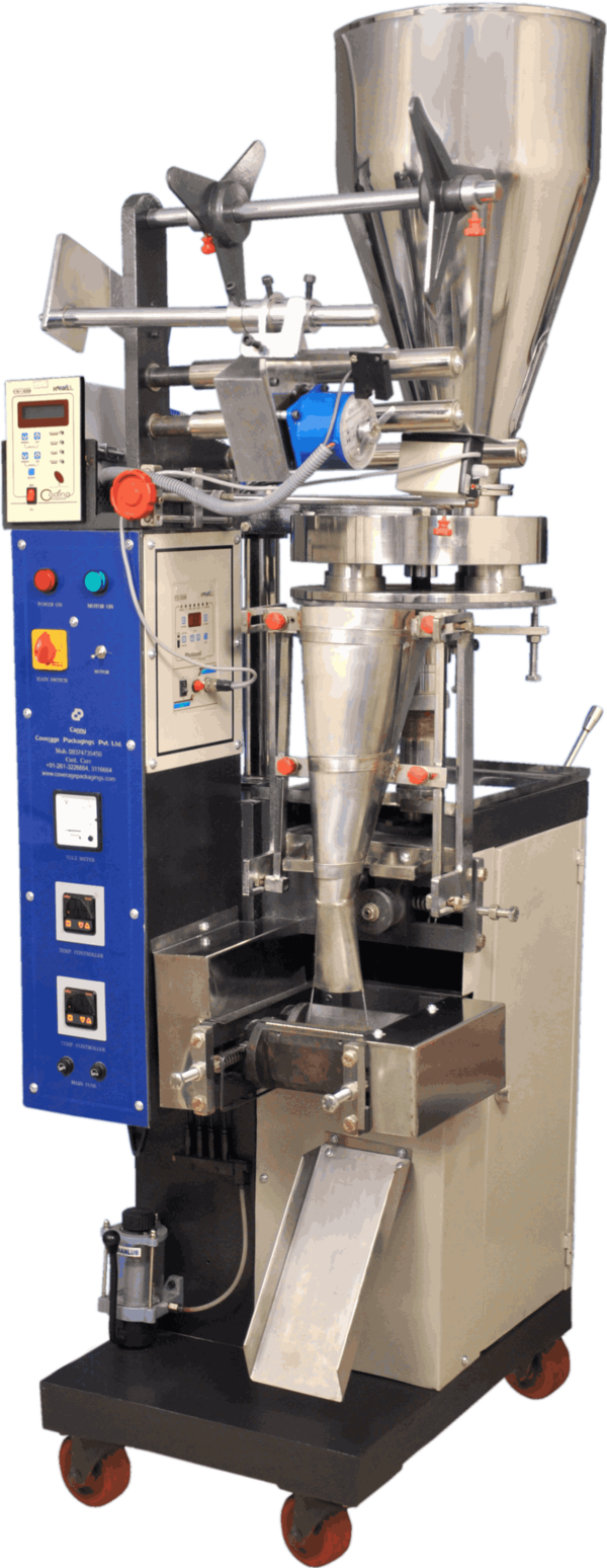 Capacity :- 2 to 5gm / 5 to 20gm/ 20 to 100gm/ 100 to 250gm/ 250 to 500gm/ 500 to 1000gmsealing Type:- Centre seal or back side seal , 3 side seal , 4 side seal Film Size :- 80mm to 450mm Width, any length can do speed :- 12 to 80 pouches per minuteVoltage :- 1/2 HP Motor , 22v , 50Hz Single Phase Packing Material :- Any Heat sealable laminated film such as polyester / polypaper / poly, Glassine / poly, Polyester ,/ Met / Poly, Polyester / Foil/ Poly, BOPP/ Foil / PolyApprox. Weight :- 380kg - 450kgOptional :- Batch Coding Device, Level Sensor Device, Gas Flashing Arrangement , Screw feed Conveyor  Air Compressor :- 3HP Double Piston