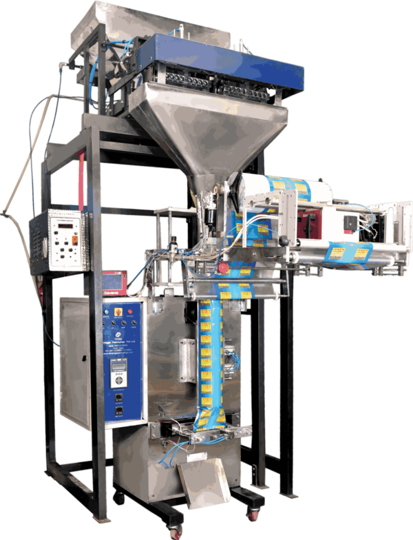 Capacity :- 20 to 1000gmsealing Type:- Centre seal or back side seal , 3 side seal , 4 side seal Film Size :- 160mm to 550mm Width, any length can do speed :- Depend on No. of Weighing HeadVoltage :- 1/2 Hp  ,220v , 50Hz Single Phase Packing Material :- Any Heat sealable laminated film such as polyester / polypaper / poly, Glassine / poly, Polyester ,/ Met / Poly, Polyester / Foil/ Poly, BOPP/ Foil / PolyApprox. Weight :-  600 to 1000kgAir Pressure :- 7 kgM/c. Dimension:- L:1500 x W: 1200 x H : 3200mmOptional :- Batch Coding Device, Level Sensor Device, Gas Flashing Arrangement ,  Screw feed Conveyor  Air Compressor :- 3HP Double Piston