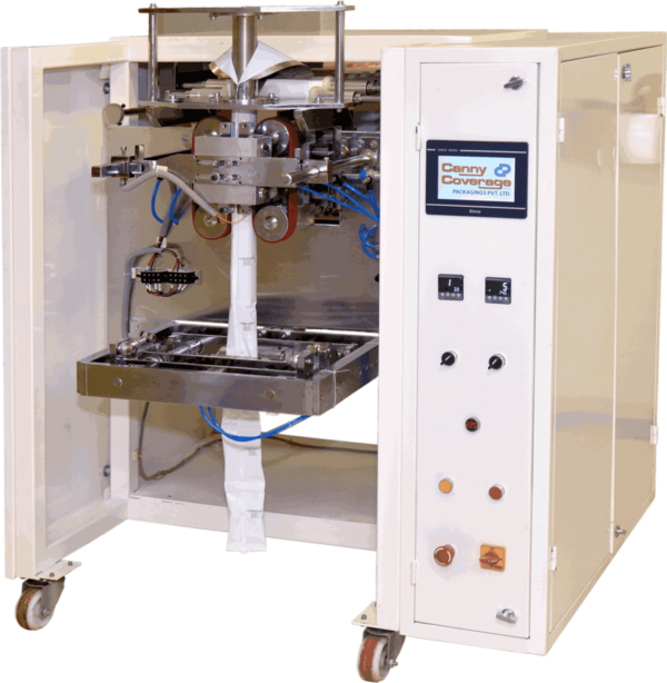 The Eco series VFFS machine can make center sealed pouches , 3 side sealed pouches 4 side sealed pouches & gusset pouches from a roll of packaging materials of any heat-sealable laminate which can be printed or non-printed form. Heat-sealable laminate can be of a single layer B.O.P.P.Two layer, Three Layer or Aluminum Foiled type... The Eco series Bagger is an ideal pneumatic bagger to pack various product at a very high speed. this bagger is suitable to pack any material in a form of fine , small or big, even & uneven Granules, powders, Confectioneries, pesticides etc..Silent Features1:- Complete PLC based Pneumatic Automation system 2:- Advance use Friendly HMI (Touch screen) Operation3:-Variable Speed for Highest Production4:- Digital Programmable punching & Cutting5:- Separate Pneumatic Panel for custom pressure setting6:- PLC Based air Pressure Monitor System 7:- Variable Speed Conveyer8:- Long life cutting Blade