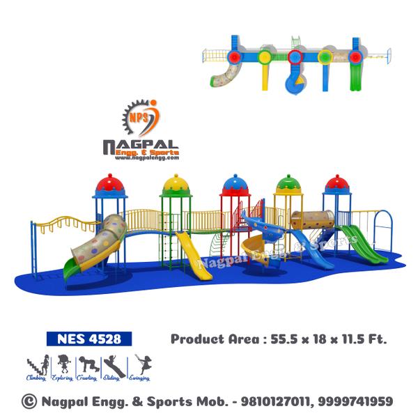 Multiplay system Product Code 4528Product Size : 56 x 18 FeetRequired Area : 65 x 30 FeetConsists : 1. Five Platform Attached with Fancy Temple Shape Canopy 2. Spiral Slide - 01 No3. Tube Slide - 01 No4. Wave Slide - 02 No5. Double slide - 01 No6. Arch bridge with railing -02 Nos7. Suspension Bridge with railing - 01 Nos8. Tunnel Bridge - 01 Nos9. Rainbow Climber - 01 No7. Tree Climber - 01 No8. Net Climber -01 N o9. Double Swing - 01 No10.Monkey Ladder - 01 No11. Ladder -02 No