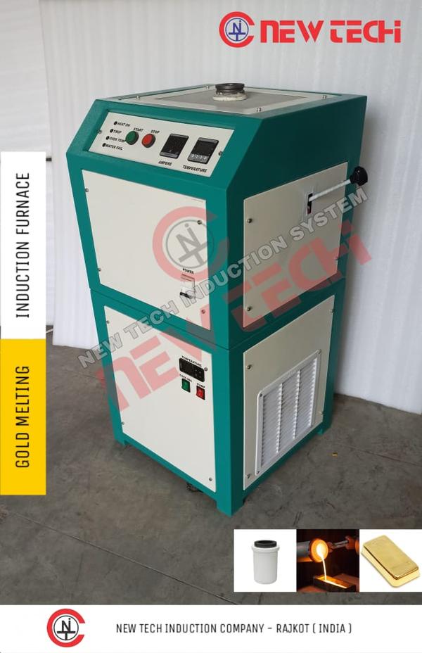 Induction Gold Melting Furnace is based on the latest and most advanced IGBT induction technology.Induction Gold Melting Furnace/Machine is extensively used in Jewellery workshop, Jewellery showroom, Gold casting, Gold refining, Refinery, Bullion, chain making, Bangle making, Retail showrooms, Lab and Research Institute. Technical Details : Input Voltage - 230 VAC Power Supply - Single Phase Melting Material - Gold Brand - NEW TECH Technology - IGBTMax Temperature - 1150 Degree Melting Time - 8 min * Frequency - 50 HZ / 60 HZ Absorbed Power - 3.5 Kw Capacity of Crucible - 500 gm Temperature Measurement - K type Cooling Water Temperature - 20 to 30 degree Water Pressure - 1 Bar Maximum Water Flow - 20 Lit/ Min Weight ( with chilling unit ) - 120 Kg Manufacturer - NEW TECH INDUCTION COMPANY