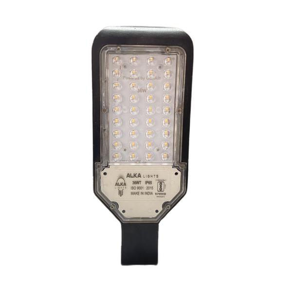 TECHNICAL SPECIFICATION FOR LED STREET LIGHT OF – 36 WATTS1. Make(Brand) : Alka Make2. Input voltage : 90 V to 270 V3. Rated watt : 36W (cool white/warm white)4. LED type : SMD type High power LED ( 9v-1 Watt)5. LED Make : everstar/bridglux/cree/osram.6. LDE lamp efficacy : Min 130to 140 lumens/watt7. Luminous flux : 4300 to 5000 lumens8. Power factor : >0.959. No of hours usage / day : 10 to 12 hours/day10. Working Humidity : 10% to 90%11. Ingress protection : IP 65/IP 6612. Total harmonic distortion (THD): < 15%13. Colour rendering index : Ra > 8014. Working Temperature : 20 deg to 50 deg C15. beam angle : 120 to 160 deg16. Control Circuit : Compatible to LED17. Lamp starting time : Not more than 5 sec18. System power efficiency : > 85 %19. Fixture : Pressure die cast Aluminum with toughened glassAnd waterproof fixture20. Warranty : 2 Years(repairable)