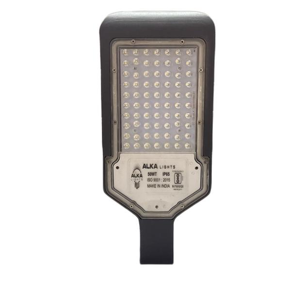 TECHNICAL SPECIFICATION FOR LED STREET LIGHT OF – 50WATTS1. Make(Brand) : Alka Make2. Input voltage : 90 V to 270 V3. Rated watt : 50W (cool white/warm white)4. LED type : SMD type High power LED ( 9v-1 Watt)5. LED Make : everstar/bridglux/cree/osram.6. LDE lamp efficacy : Min 130to 140 lumens/watt7. Luminous flux : 6500 to 7000 lumens8. Power factor : >0.959. No of hours usage / day : 10 to 12 hours/day10. Working Humidity : 10% to 90%11. Ingress protection : IP 65/IP 6612. Total harmonic distortion (THD): < 15%13. Colour rendering index : Ra > 8014. Working Temperature : 20 deg to 50 deg C15. beam angle : 120 to 160 deg16. Control Circuit : Compatible to LED17. Lamp starting time : Not more than 5 sec18. System power efficiency : > 85 %19. Fixture : Pressure die cast Aluminum with toughened glassAnd waterproof fixture20. Warranty : 2 Years(repairable)