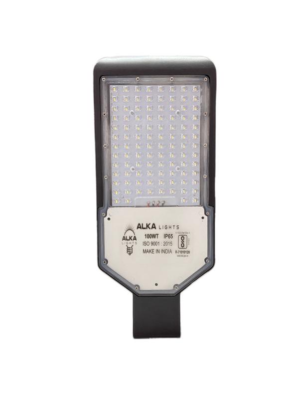 TECHNICAL SPECIFICATION FOR LED STREET LIGHT OF – 100 WATTS1. Make(Brand) : Alka Make2. Input voltage : 90 V to 270 V3. Rated watt : 100W (cool white/warm white)4. LED type : SMD type High power LED ( 9v-1 Watt)5. LED Make : everstar/bridglux/cree/osram.6. LDE lamp efficacy : Min 130to 140 lumens/watt7. Luminous flux : 13000 to 140000 lumens8. Power factor : >0.959. No of hours usage / day : 10 to 12 hours/day10. Working Humidity : 10% to 90%11. Ingress protection : IP 65/IP 6612. Total harmonic distortion (THD): < 15%13. Colour rendering index : Ra > 8014. Working Temperature : 20 deg to 50 deg C15. beam angle : 120 to 160 deg16. Control Circuit : Compatible to LED17. Lamp starting time : Not more than 5 sec18. System power efficiency : > 85 %19. Fixture : Pressure die cast Aluminum with toughened glassAnd waterproof fixture20. Warranty : 2 Years(repairable)