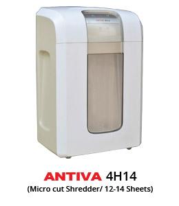 Antiva 4H14 - Small Compact Body With Continuous Duty Micro Cut Paper ShredderNON STOP SHREDDING FOR HIGH VOLUME LOADSkey Features:Auto Start/Stop with SensorAuto Stop on JAMMING & AUTO REVERSE-Automatically clears paper Jams in case of overfeeding rated shred capacityThermal Protection for MotorCan Shred Credit Card, 1CD per pass alsoLarge bin capacityBin full warning – Ease of emptying shredding wasteMobile with Castors for Flexible useLow noise level of <58db. Silent performance.Touch Technology built into the control panel with Micro controllerTo ensure operator safety the motor automatically stops when the bin is openedEnergy Saving Mode – Smart stand by control system for minimal power consumptionSeparate entry for paper and CD/Credit CardAesthetically pleasing user friendly designCAN BE USED CONTINUOUSLY WITH A SHRED CAPACITY OUTPUT OF 30,000 A4 SHEETS OR 130 KGS OF PAPER IN ATECHNICAL SPECIFICATIONSModel	4H14Feed width (mm)	220Shred size (mm)	1.9x10Shred Capacity (70 gsm A4 sheets)	12-14Motor/Voltage/Power	230 VWaste Volume (Litres)	35Weight (kgs)	18 KGMachines Dimensions (mm) HxWxD	630x420x310Application	Paper/Credit Cards/1 CDWarranty	one year on Machine and Two years on Cutters and Motor