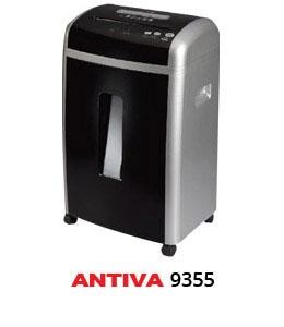 Antiva 9355 - Micro Cut High Security Paper ShredderOFFICE AND DESK SIDE OFFICE SHREDDERSHigh Security Micro Cut Desk Side Office Shredders For 1-3 Users Onlykey Features:Auto Start /Stop with sensor.Shredder can be used for 7-8 minutes-More shred capacity output of 350 A4 sheets in one shred cycle.Auto stop on JAMMING & AUTO REVERSE-Automatically clears paper jam in case of overfeeding rated capacity.Thermal protection for motorLow noise level of 56 DB-Silent performanceCan shred Credit Card and 1 CD per passSeparate feed entry for paper and Cd's & Credit cards-Twin cutting system for paper/CD's & Credit cards and separate 2 bins for shredded materialMobile with castorsTECHNICAL SPECIFICATIONSModel	9355Feed width (mm)	220 mmShred size (mm) Cut Type	1.9X 8 mm (Microcut)Shred Capacity (70 gsm A4 sheets)	10 -12 sheets / 1 CDMotor/Voltage/Power	200 W / 230 VSpeed (metres/minute)	2.1Waste Volume (Litres)	22 / 3.2 (CD) LitersWeight (kgs)	13 KgMachines Dimensions (mm) HxWxD	570x272x359Application	Paper/Credit Card/1CD