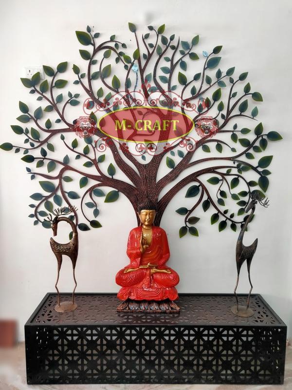 M-CRAFTWOODEN BUDDHA  SITTING UNDER LASER CUTTING TREE DESIGN WITH MRF PU PAINT FINISHING.