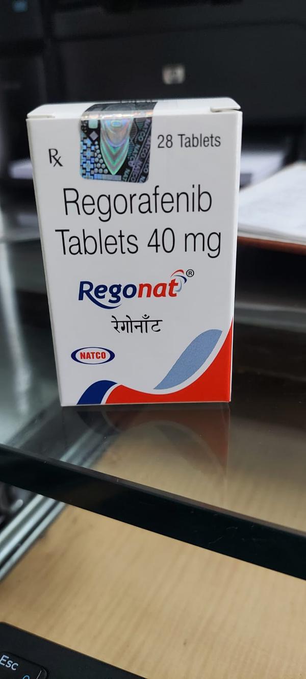 Regonat Tablet is a Tyrosine kinase inhibitors used in the treatment of cancer of colon and rectum.The most common side effects of this medicine include infection, low blood platelets, anemia, decreased appetite, hemorrhage, and high blood pressure. It can also cause voice change, diarrhea, stomatitis, vomiting, nausea, bilirubin in urine, increased liver enzyme, rash, weakness, pain, fever, mucosal inflammation, and weight loss. If any of these side effects bother you, let your doctor know.