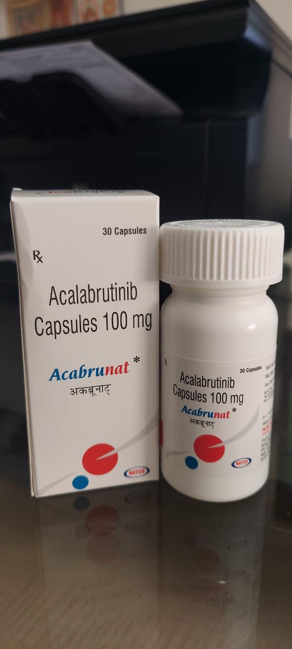Acabrunat 100 mg (Acalabrutinib) is a medication used to treat various types of non-Hodgkin lymphoma, including mantle cell lymphoma and chronic lymphocytic leukemia/small lymphocytic leukemia. It may be used both in relapsed as well as in treatment-naive settings.