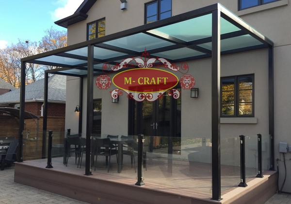 M-CRAFT    MS-HOT DIP GALVANIZATION PERGOLA WITH TOUGHENED GLASS AND MRF PU PAINT FINISHING.