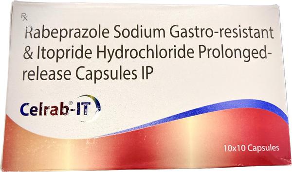 Product Name : CELRAB-ITPruduct Description : Rabeprazole Sodium + Itopride Hydrochloride capsulesPacking : 10 CapsulesClassification : ANTACID AND ANTI-REFLUXForm : Capsules Uses :Acid reflux disease, heart burn, chest discomfort, aciditys Side Effects : Nausea, headache, diarrhoea, stomach pain, dry mouth