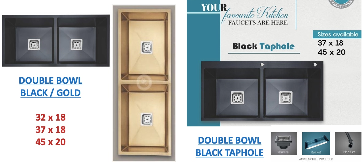 DOUBLE BOWL BLACK / GOLD32x18 37x18 45x20DOUBLE BOWL BLACK TAPHOLE32x18 37x18 45x20