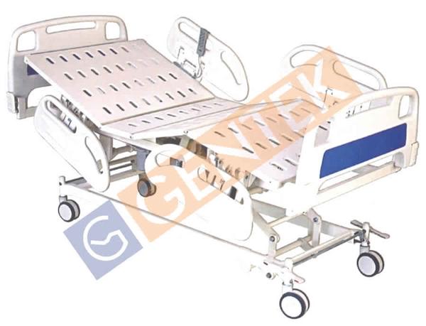• Advance linear actuator system (04 Pcs. Motor, 01 Pc Control box, 01 Pc Handset) • Four Pieces individual ABS Molded Side-railings • ABS Molded Head and Foot Panel with locking and corner buffer • Framework Made-up of M. S. Tubes • 4 section top made-up of Oval perforated CRCA M. S. Sheet • Bed Mounted on 5” Central Locking Castors, Durable and Quit • S. S. Telescopic I. V. Rod with 4 Hook and at 4 Locations, Holder for Urine Bag • Sitting position adjustable • Finish: Pre-treated & Epoxy Powder Coated • Overall Approx Size: 2090L x 910W x 570-770 mmPositions Obtained by Hand Remote: • Hi-Low Backrest elevation Knee-rest elevation • Trendlenburg / Reverse Trendlenburg Optional: 4 Section Mattress• Manual Chair Position