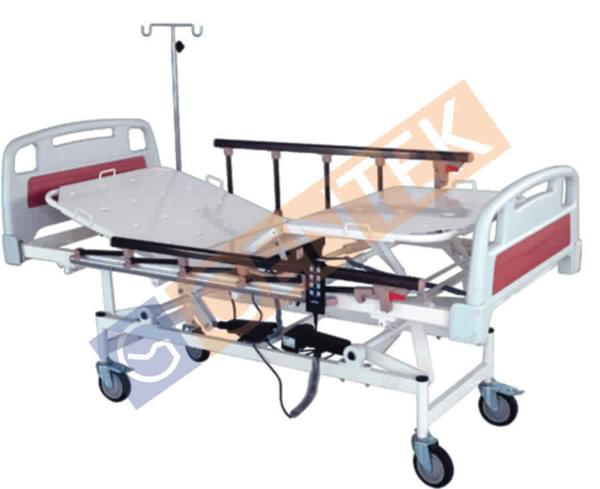 • ABS Molded Head & Foot Bows• Four Independent Electric Motors • Collapsible Side rails with Safety Lock • 4 Section Perforated CRC Sheet • Removal and Lockout ABS Head & Foot Board • Mounted on 125mm Dia castor with brakes • Drainage Bag Hooks• 4 I. V. Pole storage located on all sides of the bed • Finish: Epoxy Powder Coated • Pre-treated with seven tank phosphating process • Available with removable I. V. PolePositions: • Back Rest, Knee Rest, Trend / Reverse Trendlenburg • Hi-Low• Manual Chair Position