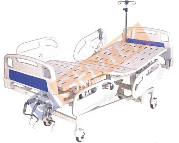• Four Pieces individual side-rails, ABS Molded • ABS Head and Foot Panel with locking and corner buffer • Framework Made-up of M.S. Tubes • 4-Section Top made Oval perforated CRCA M.S. Sheet • Bed Mounted on 5” Castor, 2 with brakes • S. S. Telescopic I. V. Rod with 4 Hook and at 4 locations • Holder for Urine Bag • Finish: Pre-treated Epoxy Powder Coated • Overall approx Size: 2090L X 910W X 625-820H mm • Position Obtained by hand remote: Backrest• Position Obtained by smooth crank system with foldable handle • Hi-Low, Knee rest elevation • Trendlenburg/Reverse Trendlenburg