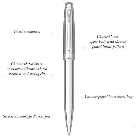 Brass Body, Chrome Plated Barrel And Cap. Chrome Plated Clip And Ring. Made In Turkey.Twist Mechanism. The Pen Uses Scrikss Jumbo RefillLength: 139.00mm / Diameter: 13.00mm / Weight: 34.40gCONTENT - 1 Scrikss Ball Point Pen