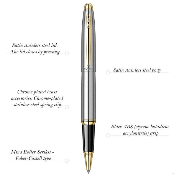 Satin stainless steel lid. The lid closes by pressing. Satin stainless steel body* 23K gold plated metal accessories. 23K gold plated stainless steel clip.* Black ABS (styrene butadiene acrylonitrile) grip. Roller Pen Refill* Dimensions - Length: 150mm, Width: 13mm, Weight: 24.10g* CONTENT - Scrikss Knight Roller Ball Point Pen