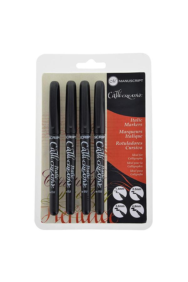 MANUSCRIPT - CALLICREATIVE BLACK ITALIC MARKER - PACK OF 4Manuscript's CalliCreative Marker - Pack of 4 includes - four different point sizes marker in Fine 1.4 MM, Medium 2.5 MM, Broad 3.6 MM and Extra Broad 4.8 MM. These are simple, yet effective Italic markers. They offer the full spectrum of line widths perfect for practicing all styles of calligraphy script. Markers have long lasting quality chisel tips with ergonomic comfort grip and washable ink perfect for crafters.