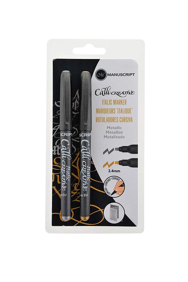 These simple and easy to use calligraphy pens feature long lasting quality tipsan ergonomic comfort grip and washable inkThis package contains two Medium tip (2.4mm) markers: one Metallic Gold and one Metallic SilverCalligraphy instructions are includedConforms to BS7272
