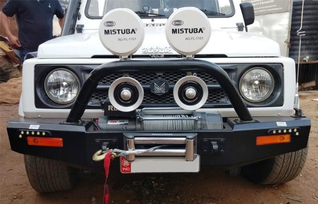 Gypsy Heavy duty winch bumper. Combination of 4mm thick CR (Cold Rolled steel) sheet & 6 mm MS. plate for winch fixing and chassis mounting parts.Black texture finish & polyester powder coated. Direct fit for all Models of Gypsy.