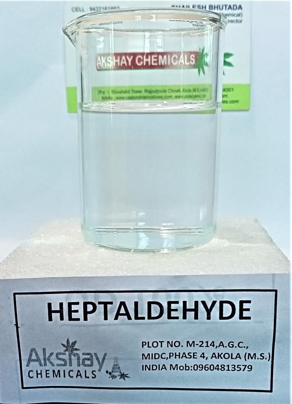 COMMON NAME : n-Heptanal, n-Heptylic aldehyde, Oenanthol, Heptanaldehyde, Aldehyde C-7, Enanthal, Heptyl aldehyde, EnanthaldehydeN-HEPTALDEHYDE is a colorless, oily liquid with a penetrating fruity odor. Insoluble in water and less dense than water. Hence floats on water. Flash point near 141°F. Used to make perfumes and pharmaceuticals.Heptanal is found in allspice. Heptanal is found in essential oils of ylang-ylang, clary sage, California orange, bitter orange and others. Heptanal is a flavouring agent Heptanalor heptanaldehyde is an alkyl aldehyde with a strong fruity odor which is used as an ingredient in cosmetics, perfumes, and flavors. It can be obtained from castor oil by distillation under reduced pressure. Industrially, it is used in the manufacture of 1-heptanol and ethyl heptanoateThis is mainly used in perfumery in the form of its compound, like Jasmine aldehyde (alphaamyl cinnamic aldehyde) and coconut aldehyde. It is also used in the preparation of Heptyl Alcohol, Heptanoic Acid etc… Which have subsequent usages in various industries.It is a colorless liquid with a penetrating odour.