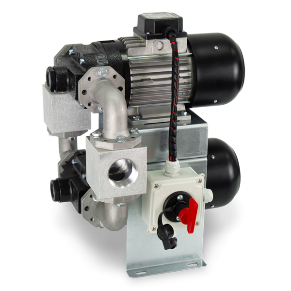 Self-suction, self-priming pump with eccentric vanesComposed of two pumps joined by a manifold (on demand)Suitable for the transfer of diesel fuel, at high flow rates, in areas where a connection at 230 VAC or 110 VAC is not possible.TECHNICAL FEATURESFlow: 200 l/minConsumption: 30-47 A 24 VDCPressure: 1.4 barMotor: 2x0.37 kW 24 VDC, dust protected, self-ventilatedTropicalisedContinuous operationIP-55 protection1,500 rpmEquipped with recirculation bypassSuction: 2.7 mPriming pipe suction: 5 mConnection using M1 ½