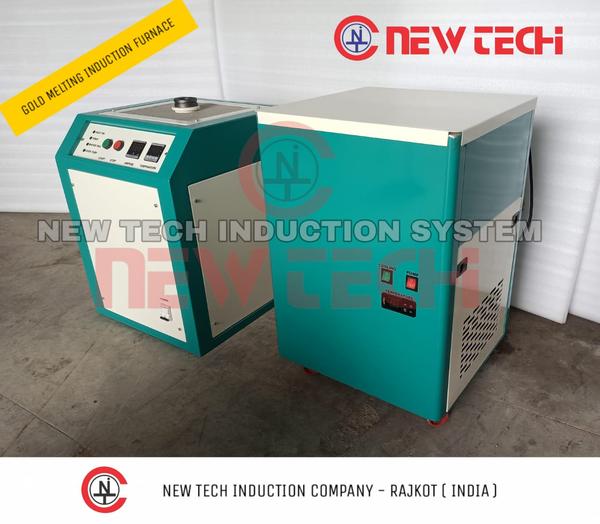 Induction Gold Melting Furnace is based on the latest and most advanced IGBT induction technology.Induction Gold Melting Furnace/Machine is extensively used in Jewellery workshop, Jewellery showroom, Gold casting, Gold refining, Refinery, Bullion, chain making, Bangle making, Retail showrooms, Lab and Research Institute. Technical Details : Input Voltage - 230VAC/415 VAC Power Supply - Single Phase/Three Phase Melting Material - Gold Brand - NEW TECH Technology - IGBTMax Temperature - 1200 Degree Melting Time - 5 min * Frequency - 50 HZ / 60 HZ Absorbed Power - 3 - 5 Kw Capacity of Crucible - 1 Kg Temperature Measurement - K type Cooling Water Temperature - 20 to 30 degree Water Pressure - 3 Bar Maximum Water Flow - 20 Lit/ Min Weight ( with chilling unit ) - 220 Kg Manufacturer - NEW TECH INDUCTION COMPANY
