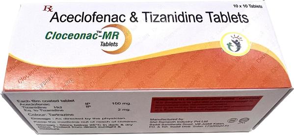 Product Name : CLOCEONAC-MR Pruduct Description : Aceclofenac 100mg + Tizanidine 2mg tabletsPACKING : 10 TabletsClassification : ANTI-SPASMODICSForm : Tablets Uses : Pain relief Side Effects : Stomach pain, indigestion, constipation, loose motions