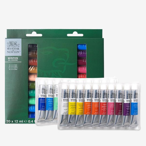 Winsor & Newton Winton Oil Colour Paint SetThis set contains essential starter colors for beginners, made from quality fine art pigments. It offers excellent retention of brush and palette knife strokes due to its stiff consistency compared to other ranges. Best used in combination with fine art solvents, mediums and oils from the Winsor & Newton additive range.Great pigment load - Winton Oil Color's pigment load is higher than many artists’ ranges. Exceptional for general use and ideal for working in large volume at the highest level.Uniform consistency - The Winton range has a more uniform consistency than Artists' Oil Color and is a slightly stiffer paint. It offers excellent retention of brush and palette knife strokes.Lightfast and permanent - Wherever possible, the most permanent pigments have been selected for use with the Winton range. The formulation and manufacturing process ensure that the product will remain stable within the tube as well as offer the most permanent paint film possible.Studio Set- Set Contents 10x12ml - Contains Titanium White, Cadmium Lemon Hue, Cadmium Orange Hue, Cadmium Red Deep Hue, Magenta, French Ultramarine, Cerulean Blue Hue, Viridian Hue, Burnt Sienna, Lamp BlackStudio Set- Set Contents 20x12ml - Contains Titanium White, Cadmium Lemon Hue, Chinese Yellow Hue, Cadmium Orange Hue, Scarlet Lake, Cadmium Red Deep Hue, Permanent Rose, Magenta, Cobalt Violet Hue, Phthalo Blue, French Ultramarine, Cerulean Blue Hue, Emerald Green, Viridian Hue, Sap Green, Pale Rose Blush, Burnt Sienna, Vandyke Brown, Lamp Black