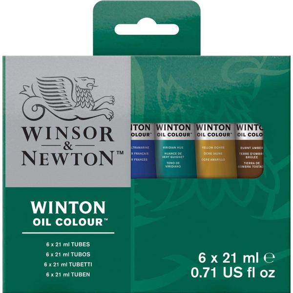 Winsor & Newton Winton Oil Colour Intro Set - 6 Tubes of 21 mlBright and Beautiful, W&N Winton Oil Colours offers quality and affordability, made from moderately priced pigments.All the tones have been carefully made to bring out the best of each pigment, so to create bold and vibrant artworks.Perfect for large volumes of colour with stiff and uniform consistency.Winton Oil Colour's pigment load is higher than many artists’ rangesExceptional for general use and ideal for working in large volumes at the highest levelThe most possible permanent pigments have been selected for use with the Winton rangeThe formulation and manufacturing process ensures that the product will remain stable within the tube as well as offer the most permanent paint film possibleWinton oil colours can be mixed with each other without any limits to create new colours. Intro Set - 6 Tubes x 21ML - Colours Included - Cadmium Yellow Pale Hue, Cadmium Red Deep Hue, French Ultramarine, Viridian Hue, Yellow Ochre, Burnt Umber