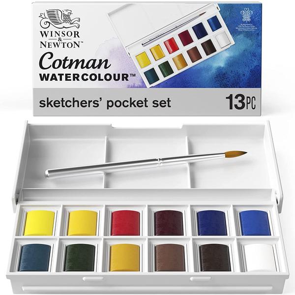 Winsor and Newton Cotman worth it?This is a great set! I've been using cotman watercolors for a while now and decided to get this bigger set primarily for the larger pallet. The quality of the cotman grade is nice and you can do some pretty cool things with them. This popular pocket-sized plastic box features an integral mixing palette in the lid and contains: One pocket brush and 12 cotman water colour half pansColours included: Lemon yellow, cadmium yellow, cadmium red pale hue, crimson alizarin, ultramarine, intense blue, emerald green, sap green, yellow ochre, burnt sienna, burnt umber, china whiteImported