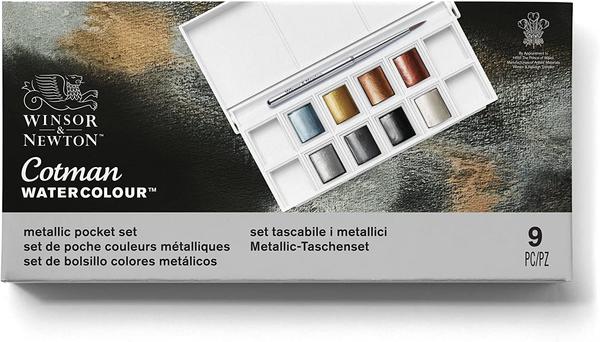 Winsor and Newton Cotman Water Colour Metallic Pocket SetThis Winsor & Newton Cotman Watercolour Half Pan Metallic Colours Set comes from Winsor & Newton, the company that created watercolour. It contains 8 x Cotman Metallic Watercolour Half Pans and 1 x pocket brush in a compact sturdy plastic case with a mixing pallet in the lid and 4 empty places for additional half pans.Contains - Iridescent Blue, Yellow Gold, Bronze, Red Copper, Silver, Pewter, Iridescent Black, Iridescent White and Travel Brush.This high quality, lightweight portable set contains everything you need to start painting with the new exciting Cotman Metallic colours.Popular pocket-sized, hard-wearing plastic box ideal for travelling and putting in a pocket or bag should inspiration strike, it features an integral mixing palette in the lid.Ideal for painting trips or a serious painting holiday this attractive water-resistant bag with an adjustable strap is ideal for the travelling or outdoor artist. Winsor & Newtons popular Cotman Watercolours are an attractively priced range of watercolours, formulated to be high quality, easy to work with and to offer excellent tint