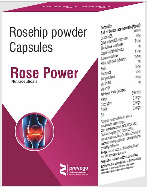 Rose Power Powder contains Rosa Canina (rosehip) powder and is indicated for managing osteoarthritis by reducing pain, damage to joint, reducing joint Inflammation and improving joint flexibility.