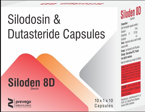 Siloden 8D Capsule is a combination of two medicines that work in different ways to treat men with an enlarged prostate gland. It helps to relieve symptoms such as difficulty urinating or needing to go to the toilet more often. It is not used to prevent prostate cancer.