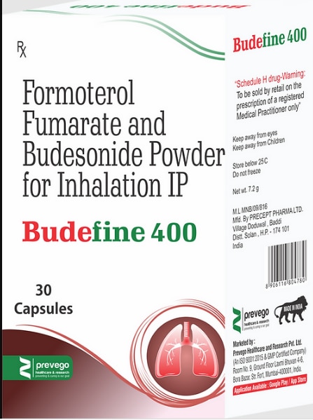 BUDEFINE 400 Rotacap is a combination of two medicines in one inhaler. It relieves the long-term symptoms of asthma and COPD, making breathing easier. It works by inhibiting the release of certain chemical messengers that cause inflammation (swelling) and relaxes the muscles in the airways.