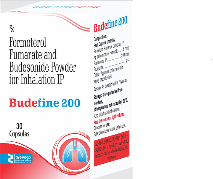 BUDEFINE 200 Rotacap is a combination of two medicines in one inhaler. It relieves the long-term symptoms of asthma and COPD, making breathing easier. It works by inhibiting the release of certain chemical messengers that cause inflammation (swelling) and relaxes the muscles in the airways.