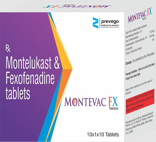 Montevac-FX Tablet is a combination medicine used in the treatment of allergy symptoms such as runny nose, stuffy nose, sneezing, watery eyes, and congestion or stuffiness.
