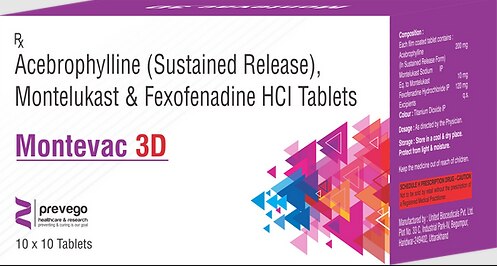 MONTEVAC 3D Tablet SR is a combination medicine used in the prevention of asthma. It relieves allergy symptoms such as runny nose, stuffy nose, sneezing, watery eyes and congestion or stuffiness. It also helps in relaxing the muscles of the air passages, thus widening it and making it easier to breathe.