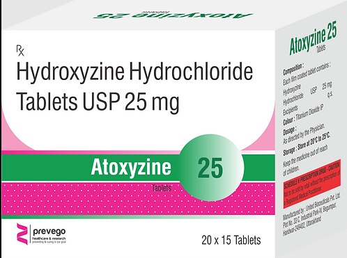 Atoxyzine 25mg Tablet is used to treat anxiety and helps to get relaxed before or after surgery. It is also used to treat symptoms of skin allergy like itching, swelling, and rashes in conditions such as eczema, dermatitis, and psoriasis.