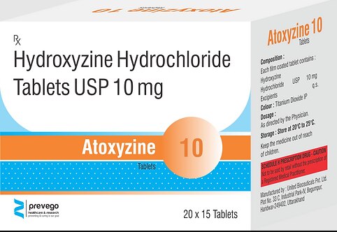 Atoxyzine 10 Tablet is used to treat anxiety and helps to get relaxed before or after surgery. It is also used to treat symptoms of skin allergy like itching, swelling, and rashes in conditions such as eczema, dermatitis, and psoriasis.
