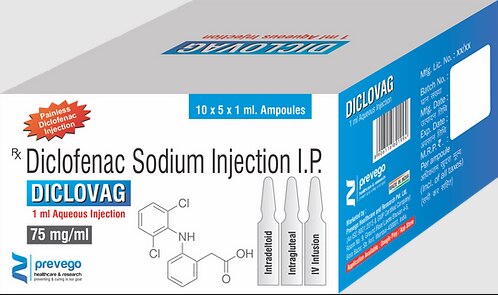 Diclovag Injection 1ml is a pain-relieving medicine. It is used to treat pain, swelling, stiffness, and joint pain in conditions like rheumatoid arthritis, osteoarthritis, and acute musculoskeletal injuries. It is given in cases where oral administration is not possible.