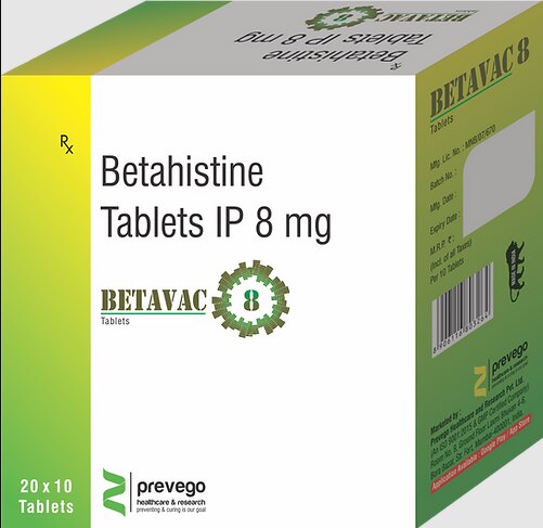 Betavac 8 Tablet is used to prevent and treat a disorder of the inner ear known as Ménière’s disease. The symptoms include dizziness (vertigo), ringing in the ears (tinnitus), and loss of hearing, probably caused by fluid in the ear. This medicine helps relieve the symptoms by reducing the amount of fluid.