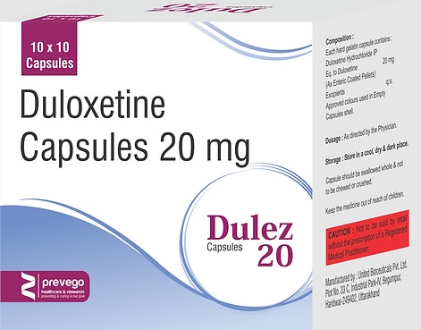 Dulez 20mg Tablet is used in the treatment of depression, anxiety disorder, diabetic nerve pain, fibromyalgia (a condition in which there are generalized pain and tenderness in the body), neuropathic pain, and stress urinary incontinence.