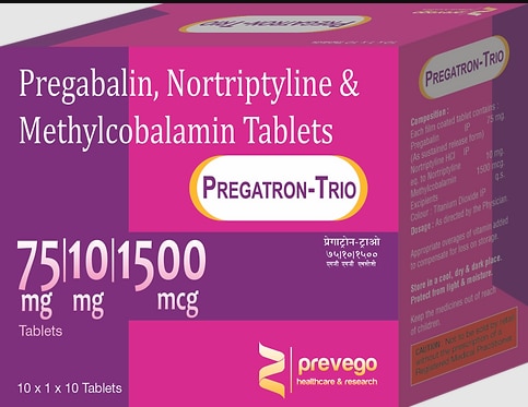 Each film coated tablets contains : PREGABALIN 75MG + NORTRIPTYLINE 10MG + METHYLCOBALAMIN 1500MCG.