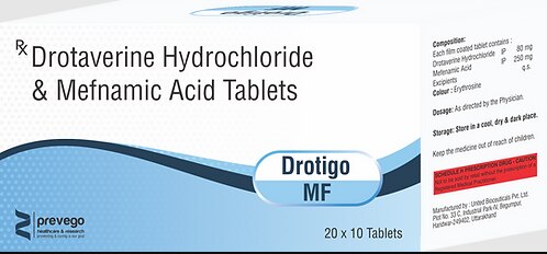 DROTIGO MF Tablet is a combination medicine used in the treatment of abdominal pain. It works effectively to reduce abdominal pain, bloating, discomfort and cramps by relaxing the muscles of the stomach and gut. It also blocks certain chemical messengers that cause pain and discomfort.