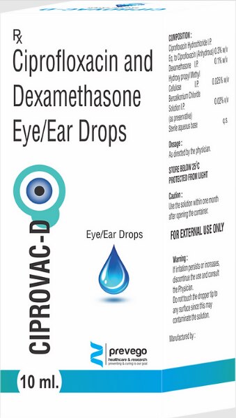 Ciprovac –D Eye/Ear Drops is an antibiotic, used in the treatment of bacterial eye/ear infections. It relieves the symptoms of the infection by stopping the further growth of the causative microorganisms.