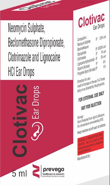 Clotivac Ear Drop is used to treat ear infections. It works by killing microorganisms that cause infection. It blocks the release of certain chemical messengers that cause redness, swelling, and itching. It also works by blocking pain signals to the brain to decrease the pain sensation.
