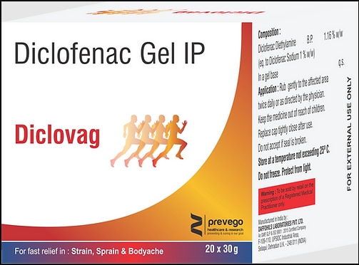 Diclovag Gel is used to relieve pain and reduce swelling in your joints and muscles. It can be used to treat various injuries such as sprains, strains and bruises. It can also be used for tendonitis (such as tennis elbow) and osteoarthritis.