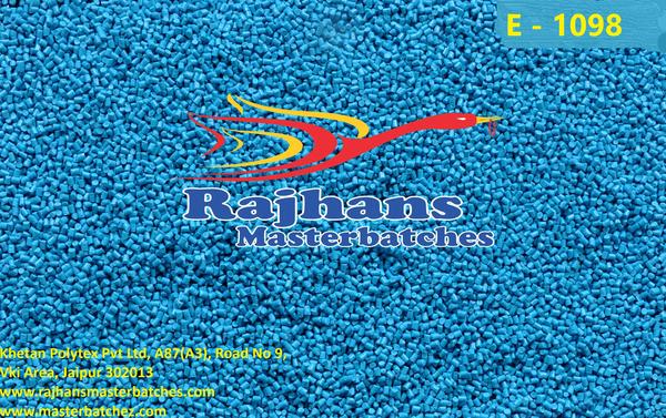 BLUE COLOUR MASTERBATCHCODE OF PRODUCT: E 1098HEAT STABILITY: 260° CELCIUSLIGHT FASTNESS: 7ULTRA BLUE SHADE OF BLUE MASTERBATCH WITH VERY GOOD HEAT STABILITY AND LIGHT FASTNESS. MAINLY RECOMMENDED FOR CAPS AND CLOSURES.USAGES: INJECTION MOULDING, BLOWN MOULDING, BLOWN FILM, RAFFIA.RECOMMENDED DOSAGES: 1-3% AS PER REQUIREMENTSWE HAVE 5000 READY SHADES OF COLOR MASTERBATCHES, WHITE MASTERBATCHES, FILLER MASTERBATCHES, BLACK MASTERBATCHES, MODIFIERS, AND ADDITIVE MASTERBATCHES.