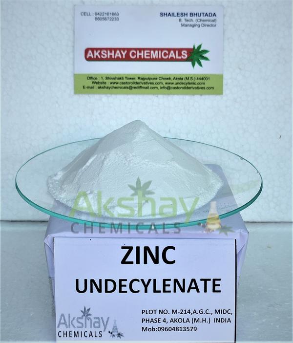 Zinc Undecylenate is a natural or synthetic fungistatic fatty acid, antifungal .It  is used topically in creams against fungal infections, eczemas, ringworm, and other cutaneous conditions. The zinc provides an astringent action, reducing rawness and irritation. (NCI04)The zinc salt of undecylenic acid has antifungal properties similar to those of undecylenic acid. It is used alone or in association with undecylenic acid and its calcium salt in formulations (creams, pomades, powders) in human and veterinary therapeutics for treatment of microsporum, trichophyton, epidermophyton. Owing to its great safety of utilization and softness for epidermis it can be used in products for body hygiene.PARAMETERS AND SPECIFICATIONS : 🔹 Synonyms              : Undecylenic Acid Zinc Salt, 10-UNDECANOIC ACID ZINC SALT; 10-undecenoicacid,zincsalt; 10-Undecenoicacidzincsalt; Zinchendecenoate;🔹 CAS No.	              :  557-08-4🔹 Formula	              :  [H2C=CH(CH2)8CO2]2Zn🔹 Molecular Weight :  431.9🔹 Assay as C22H38O4Zn	 :   98% w/w to 102% w/w🔹 Purity	              : 99% min by GLC.🔹 Description	      : A White fine powder. Melts at 120ºC🔹 Loss on Drying at 105ºC :  1.5%max.🔹 Sulphate	              : 500 ppm max.🔹 Alkalies & Alkaline Earths  :  Does not exceed 1.0%🔹 Alkalinity                 : Passes B.P.Test🔹 Identification Tests :  Positive🔹 Melting Point           :  116-121ºC🔹 Solubility Test	        :  Practically insoluble in water, ethanol (96%) in ether.🔹 Packaging	                : 60 KGS NET HMHDPE Drum open mouth ring with poly bags on the insideUses Of Zinc Undecylenate :🔹 Zinc Undecylenate is also known as Undecylenic Acid Zinc Salt🔹 Zinc Undecylenate is used for its anti-fungal properties.🔹 Zinc Undecylenate is used as an active ingredient in powders and ointments for athlete’s foot.🔹 Zinc Undecylenate is a very economical anti-fungal agent and is used as an active ingredient in many topical over the counter anti-  fungal      preparations, both powders and ointments, it provides an astringent action, reducing rawness and irritation Fungicide.🔹 Zinc Undecylenate act as co-emulsifier in personal care products and as Fungicide, antibacterial agent in medicine.____________________________________________________________________________________________________________________